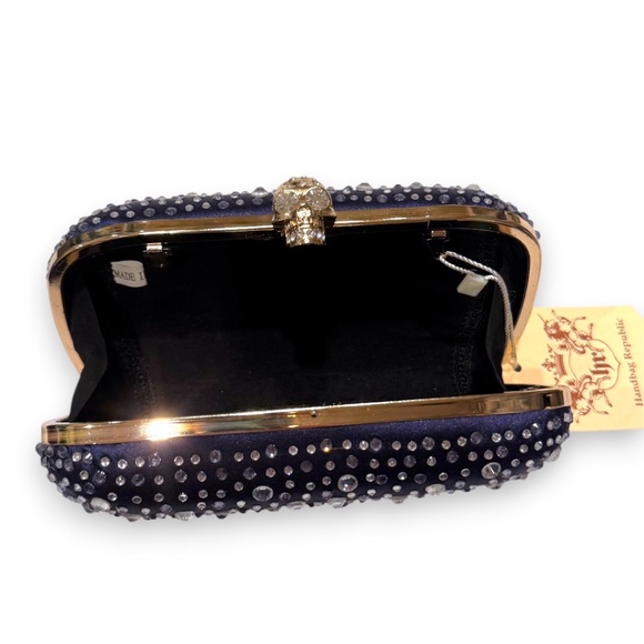 Handbag Republic Navy Crystal Skull Clutch – Rhinestone Studded Evening Bag - Picture 8 of 8